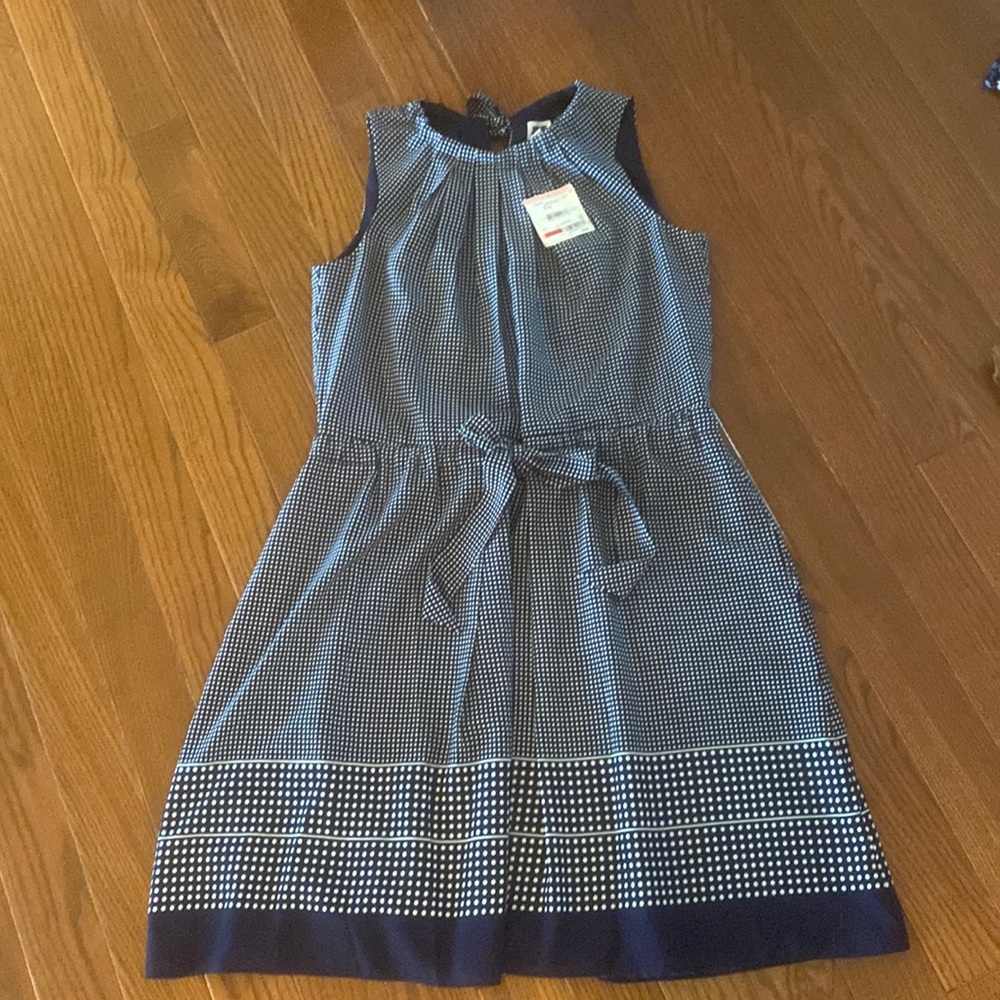 Anne Klein Sleeveless Navy Polka Dot Tie-Waist Dress, Size 8